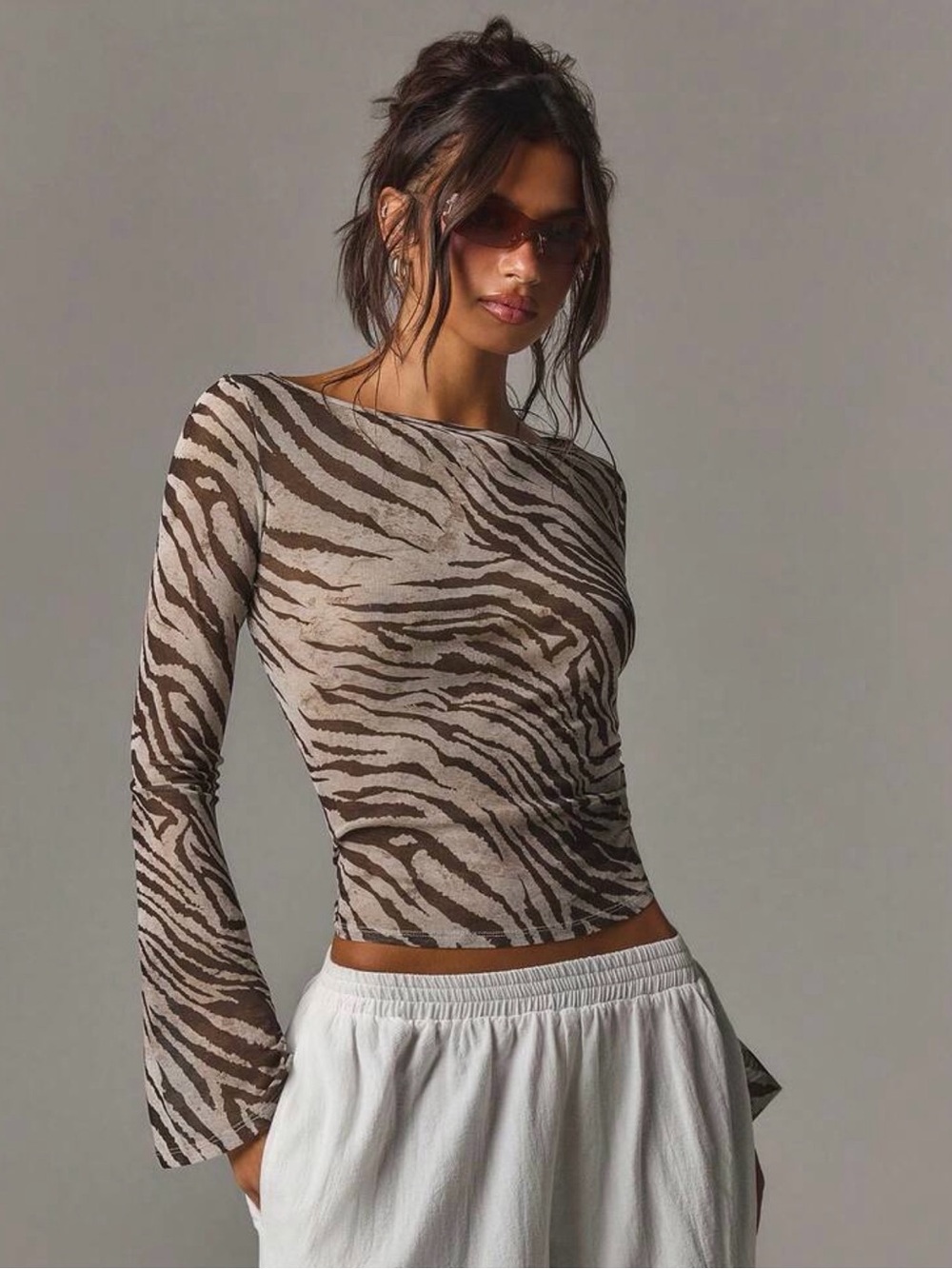 Sheer Zebra-Print Long Sleeve Top - Brown/Beige